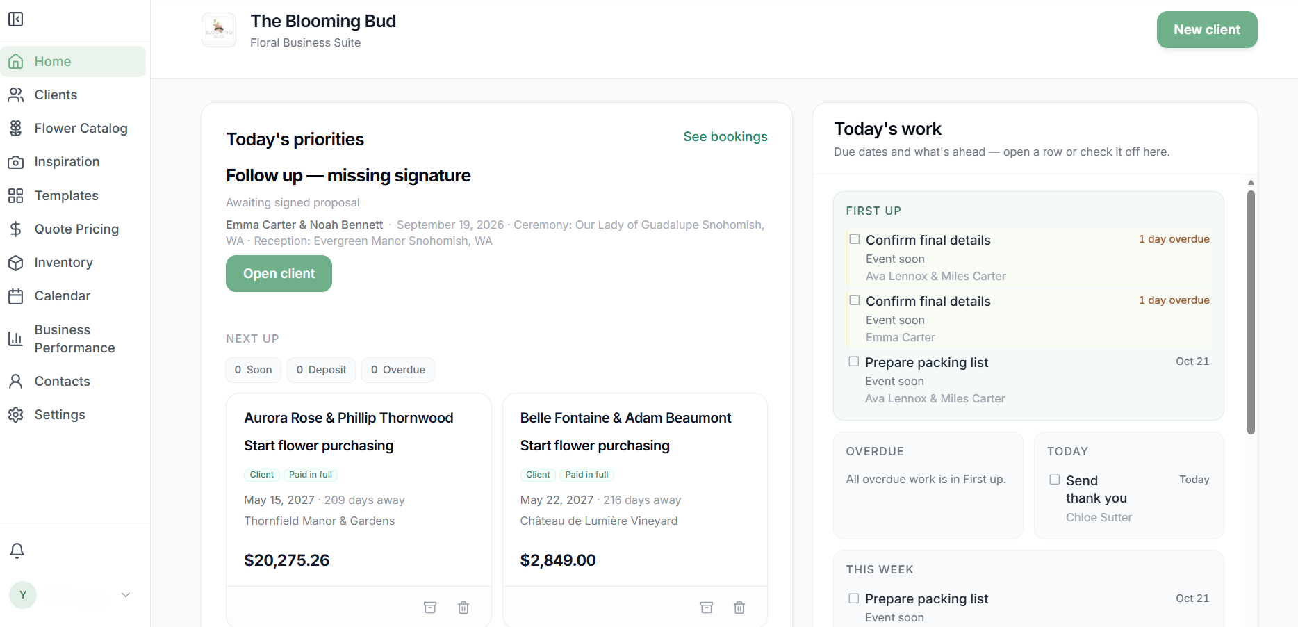 Stemly dashboard showing left navigation, Today's Priorities with follow-ups and upcoming weddings, and Today's Work tasks