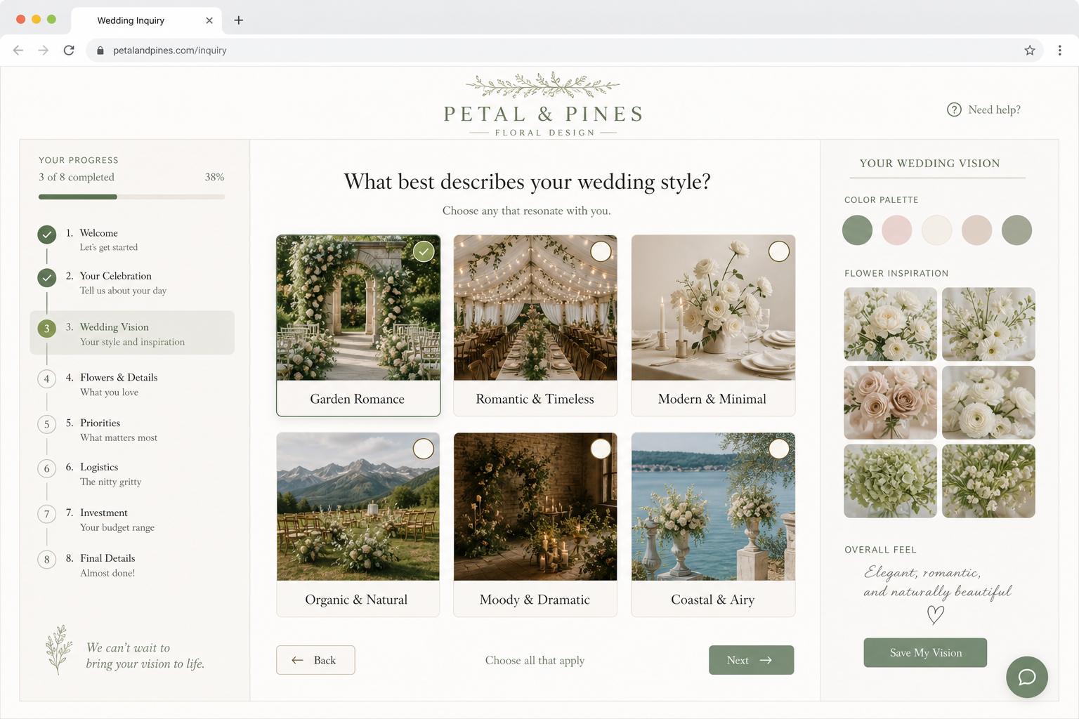 Stemly wedding inquiry with style cards and live Wedding Vision preview