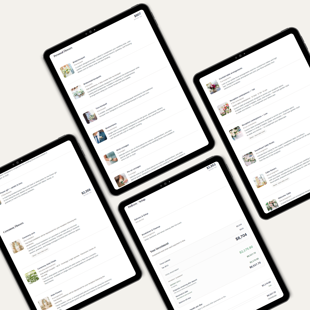 Stemly client proposal on tablets showing personal flowers, ceremony, reception, delivery, and investment totals